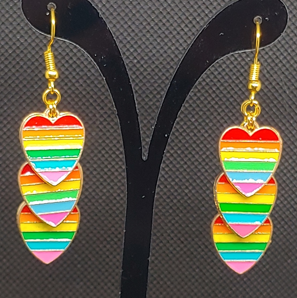 Rainbow hearts cascading drop earrings